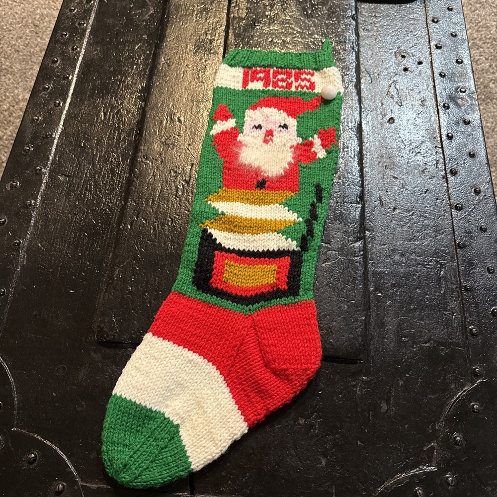 Vtg HAND KNIT KNITTED CHRISTMAS STOCKING ANGORA Beard SANTA Jack In A BOX 1985